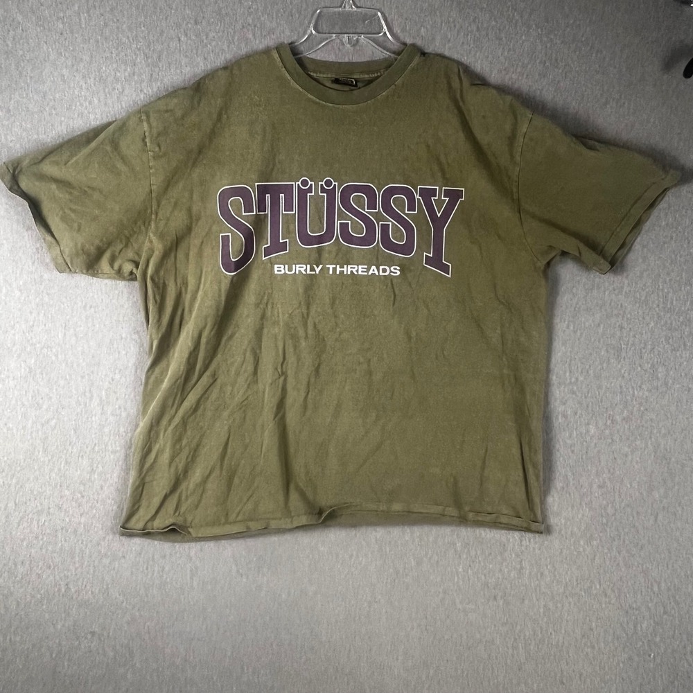 Stussy Burly Threads Graphic T-Shirt Mens XXL Olive Green Vintage Style Logo Tee